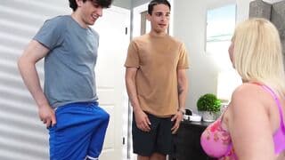 Big Tits Stepmom Lila Lovely Deepthroats Two Stepsons on Purple Bed
