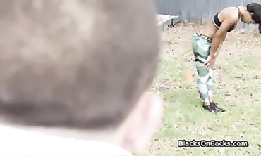 Sporty African Babe Takes a Rough Interracial Blowjob