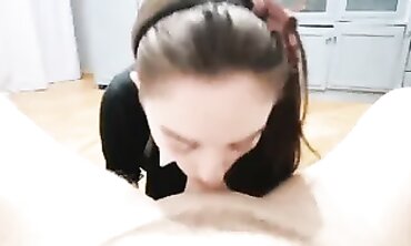 Brunette Maid Girlfriend Gives Deep Throat Blowjob