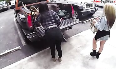 Big-Titted Blonde and Brunette Give Outdoor Blowjobs to Pawnshop Owner