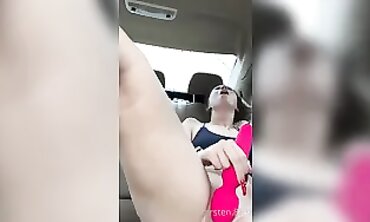 POV Brunette with Huge Natural Boobs Plays with Plug and Vibrator in Car