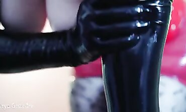 Busty Blonde MILF in Tight Vinyl Spandex Bondage & Latex Gloves