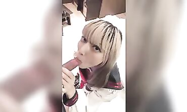 Mayuka's college girl Cosplay POV Blowjob and Handjob