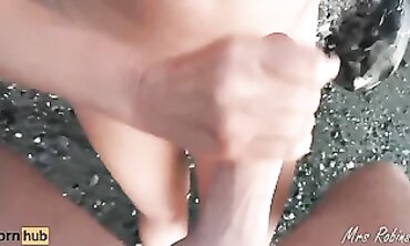 Busty MILF Handjob and Mutual Milking on the Beach