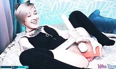 Red Toy Double Penetration with Stockings and Tattooed Girl