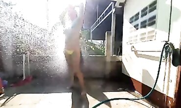 Regina Noir Gets a Soaked Outdoor Shower in the Garden