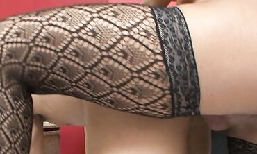 T-Girl In Fishnets Heads Ballsack Deep In A Folks Cock-Squeezing Rump