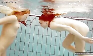 Two Cute Babes Enjoy a Nude Swim in the Pool