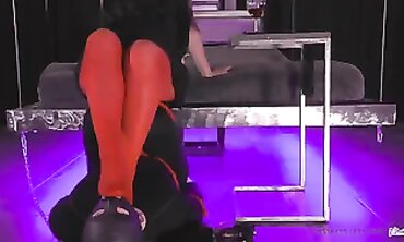 Brunette MILF Uses Submissive Gimp as a Footstool