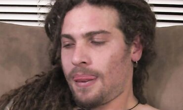 Inked boy with lengthy fears and Prince Albert piercing jacks himself in bedroom.