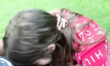 Interracial Lesbian Deepthroat on a Park Bench