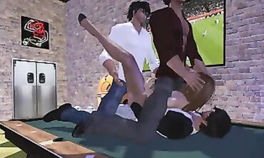 Pantyhose Bombshell Gangbanged by Three Guys at a Bar