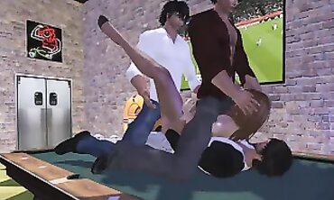 Pantyhose Bombshell Gangbanged by Three Guys at a Bar