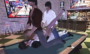 Pantyhose Bombshell Gangbanged by Three Guys at a Bar