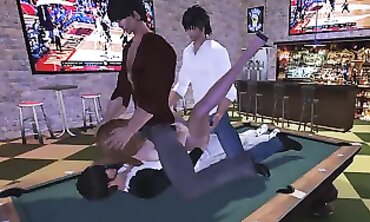 Pantyhose Bombshell Gangbanged by Three Guys at a Bar
