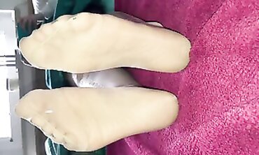 POV Golden Nylon Pantyhose Footjob With Huge Cumshot