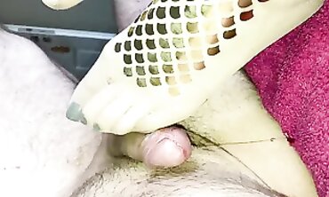 POV Golden Nylon Pantyhose Footjob With Huge Cumshot