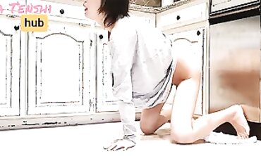 Asian Ex-Wife Solo Kitchen Session with Huge Dildo