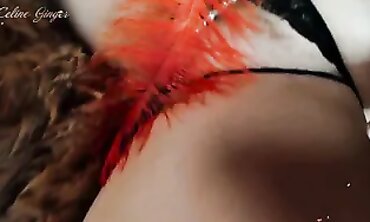 Russian Redhead Cougar Celine Ginger Gropes Hairy Pussy With Feather