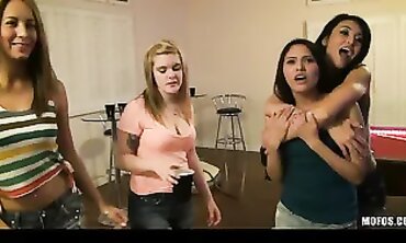 Four barely legal Women Share Rough Cock at a Wild Orgy Party