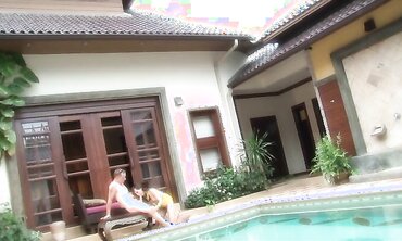 A young lady thanked the stud for the rest and was boned rock-hard near the pool two