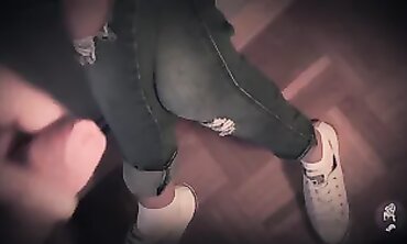 POV Cumshot on Blonde Legs in Tight Jeans and Sneakers
