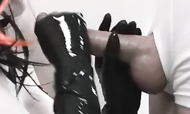 Ebony Amateur in Latex Gloves Gives Handjob and Blowjob