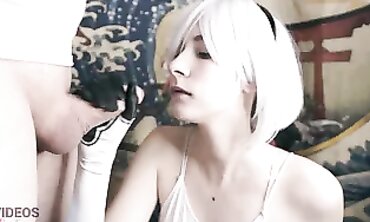 2B NieR Cosplay Bombshell Swallows Huge Load