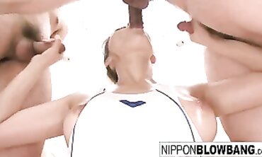 Asian Queen Gets Covered In Cum After Group Blowjob