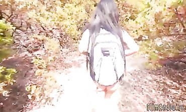 Tattooed Brunette Teen Gives Outdoor POV Blowjob and Handjob