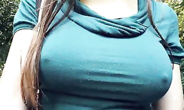 Brunette Squeezes Cock in Blue T-shirt