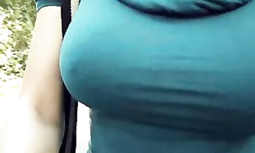 Brunette Squeezes Cock in Blue T-shirt