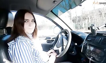 Russian Brunette Gets Public Head Outside Car