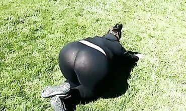 MILF Workout in See-Through Latex Outdoors
