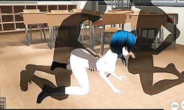 3D Anime college girl Threesome with Two Studs