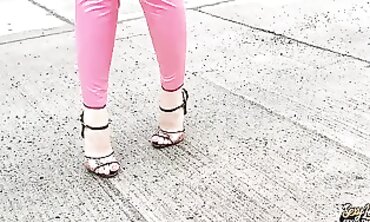 Pink Brunette MILF in Extreme High Heels and Latex