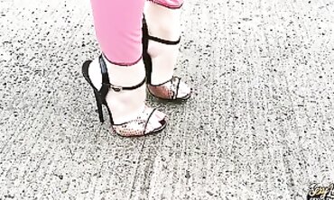 Pink Brunette MILF in Extreme High Heels and Latex