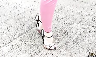 Pink Brunette MILF in Extreme High Heels and Latex