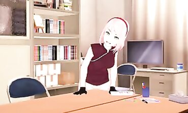 Anime Sakura Edges and Masturbates at the Table