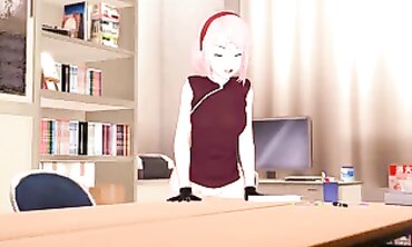 Anime Sakura Edges and Masturbates at the Table