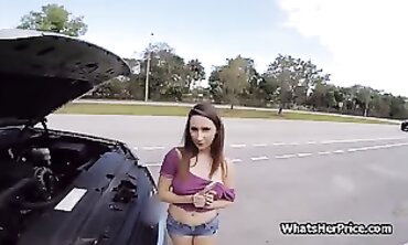 Stranded Curvy Beauty Takes a Public Blowjob in Traffic