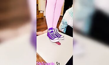 Ms Trample Talks While Trampling Cock and Balls in Knee-Highs