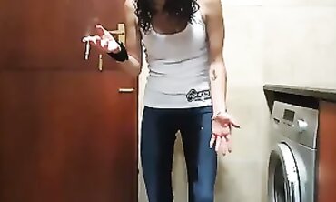 Desperate Brunette Pisses Into Jeans After Smoking