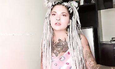 Caught in the Kitchen: Tattooed Brunette in Fishnets