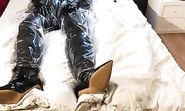 African Latina in Spandex & Latex Boots Bondage Masturbation with Vibrator