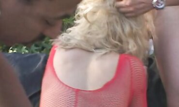 Melanie In Crimson Fishnet Porked By 2 Stiffys With Double Penetration