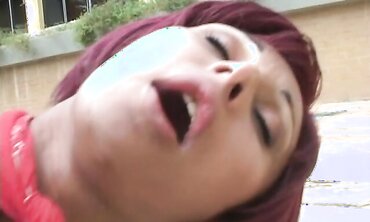 Crimson Head Ladyboy Monica Has Her Backside Plowed By The Pool And Gulps