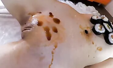 Tiny Russian Tart Slurps Sushi in BDSM Food Play