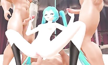 Miku 4-Way Parody: Rough Anal & Blowjob Foursome