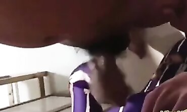Hijab Girl in Purple Striped Outfit Gives Passionate Blowjob